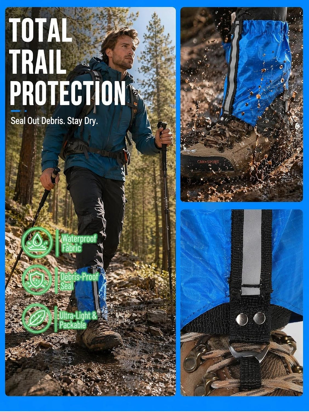 Ankle Gaiters, Lightweight Waterproof Trail Gaiters, Hiking Gaiters for Camping, Desert Trekking, Trail Running, Sandproof Snowproof Leg Gaiters for Men Women