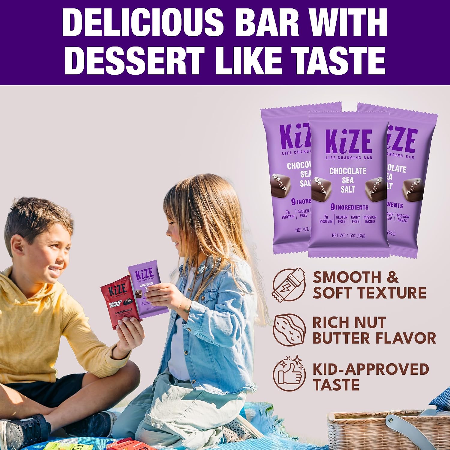 KiZE Energy Bars - Chocolate Sea Salt - Gluten Free, Dairy Free, Non-GMO, and High Protein Meal Replacement Energy Bars, Meal Bas, Clean & Simple Food Ingredients - 7g High Protein Snacks, (10 Count)