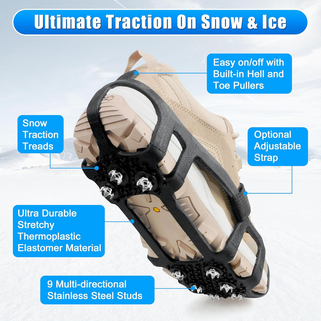 Crampons Ice Cleats for Shoes and Boots Snow Traction Cleats for Walking on Snow and Ice 9 Point Cleats Non-Slip Grippers Overshoe Silicone Stretch Footwear for Winter Hiking Climbing Ice Fishing