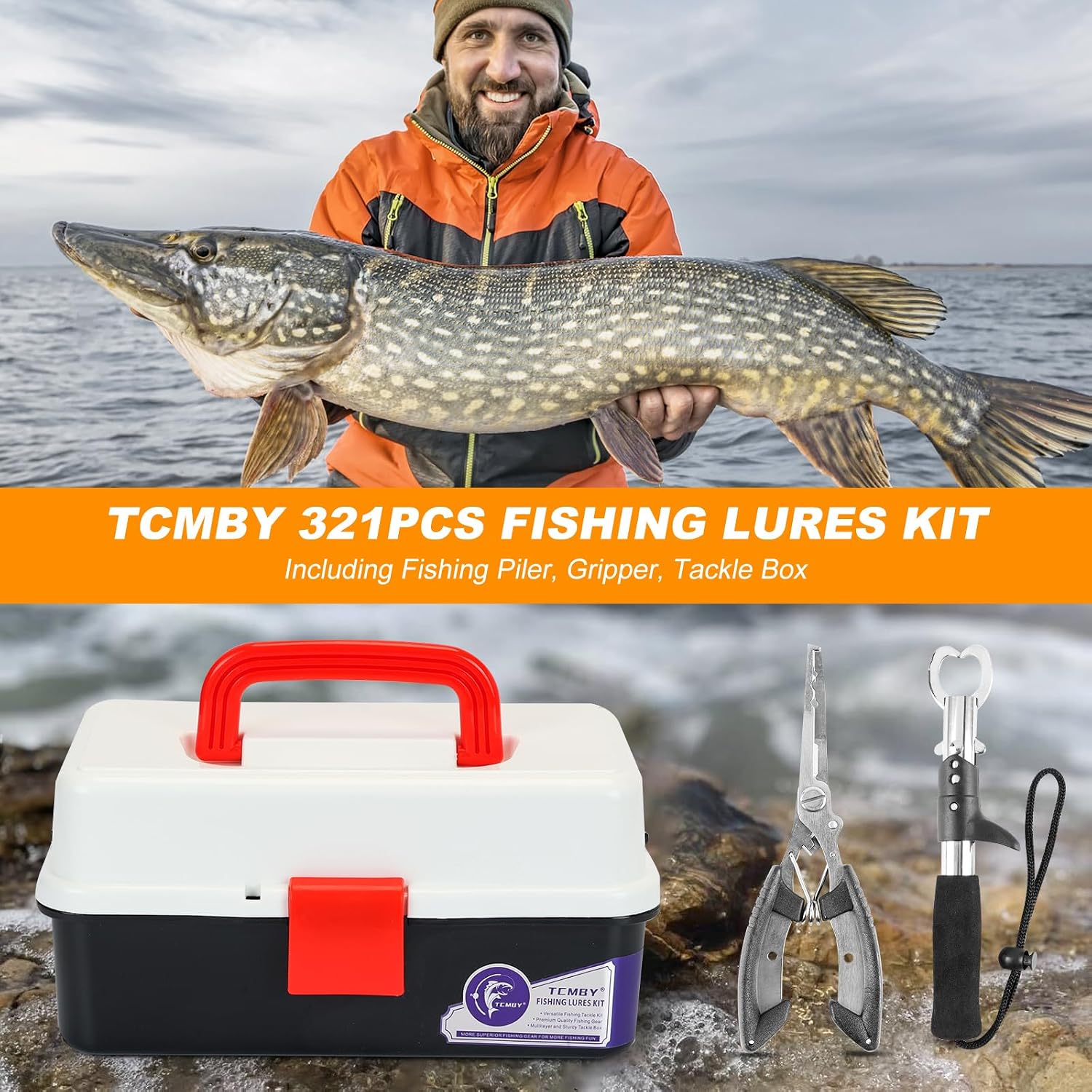 TCMBY 3 Layers Tackle Box with Tackle Included, 321Pcs Fishing Lures Kit Contains Pliers, Crankbait, Hooks, Weights & Accessories, Fishing Gear Bait Lure Gifts for Men Bass Freshwater (White Black)