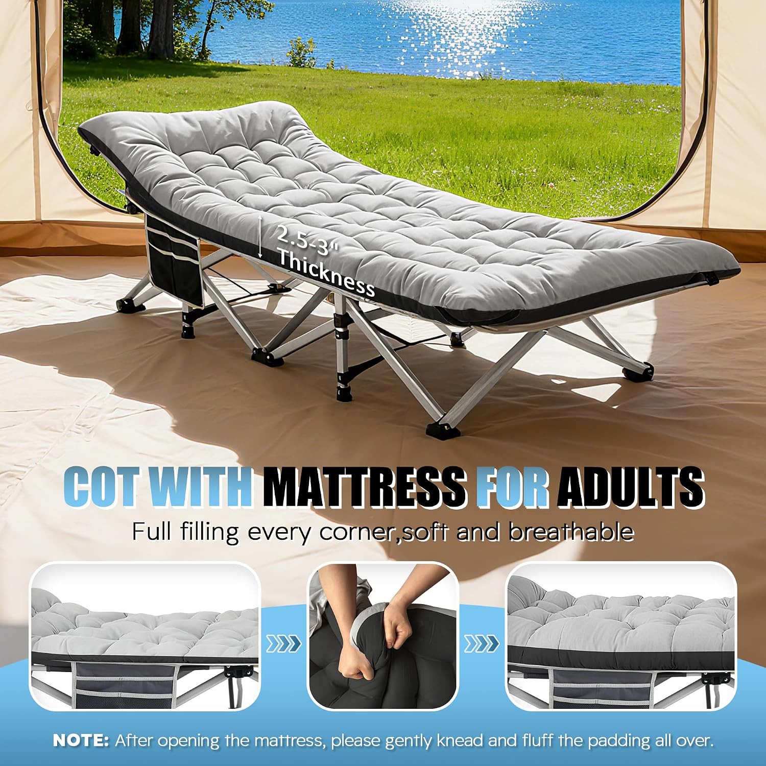 HABUTWAY Camping Cots for Adults, 600lbs Capacity, Folding Camping Cot with Mattress, Sleeping Cots for Adults with Carry Bags for Travel,Beach,Patio,Home Office,Nap Time