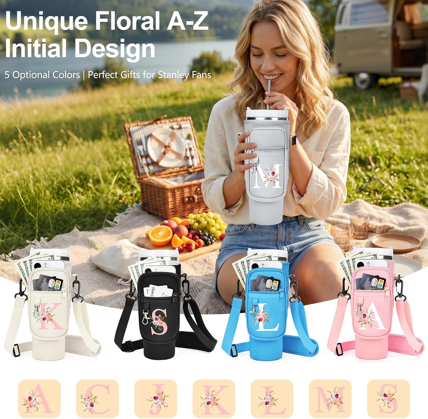 Initial Water Bottle Holder with Strap for Stanley Cup Accessories 40 oz/Simple Modern Tumbler, Birthdays for Women Girls, Water Bottle Carrier Bag with Phone Pocket,Hiking Walking Gym Camping