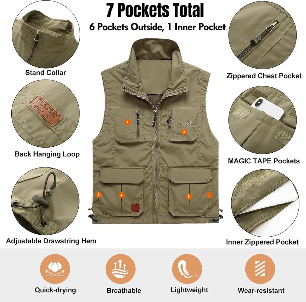 Flygo Men's Lightweight Outdoor Travel Work Fishing Vest with Multi-Pockets