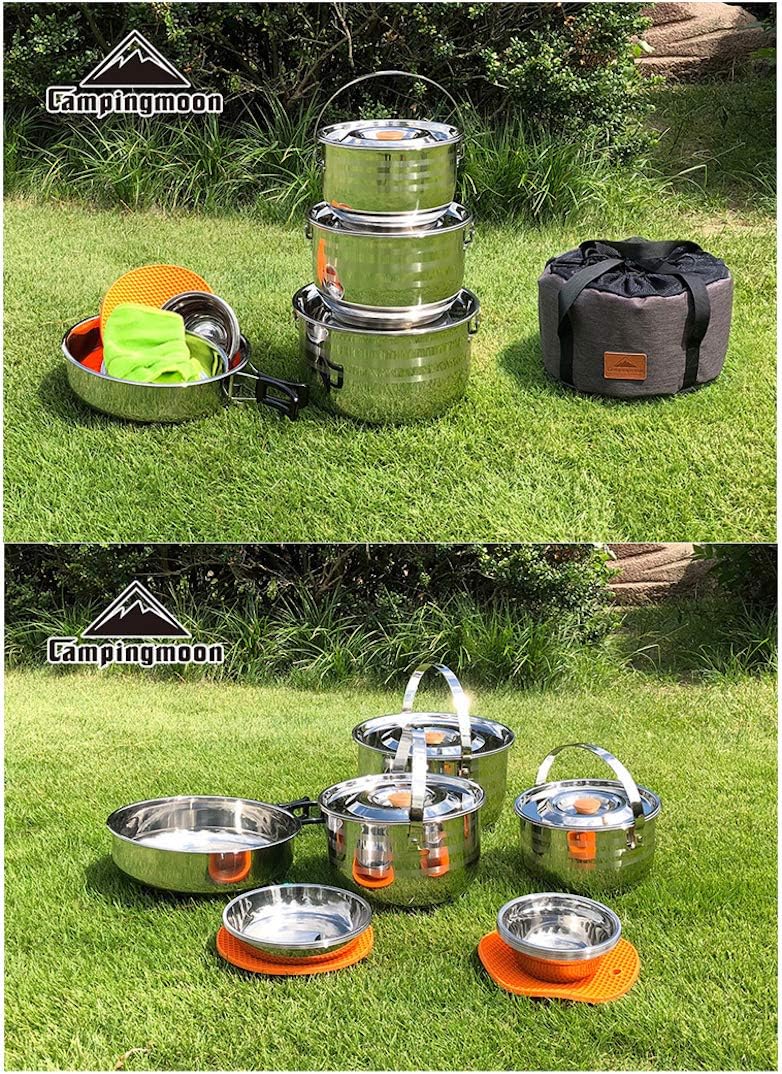 CAMPINGMOON Camping Cookware Set Stainless Steel Outdoor Nesting Cooking Mess Kit Pots Pans Bowls with Storage Carrying Tote Bag