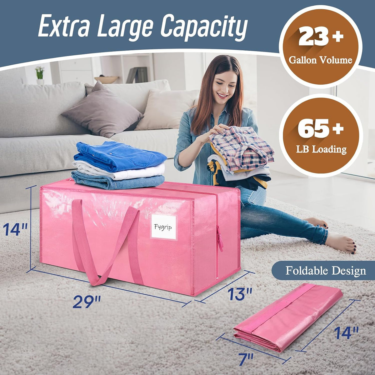 6 Pack Extra Heavy Duty Large Moving Bags with Strong Zipper, Pink