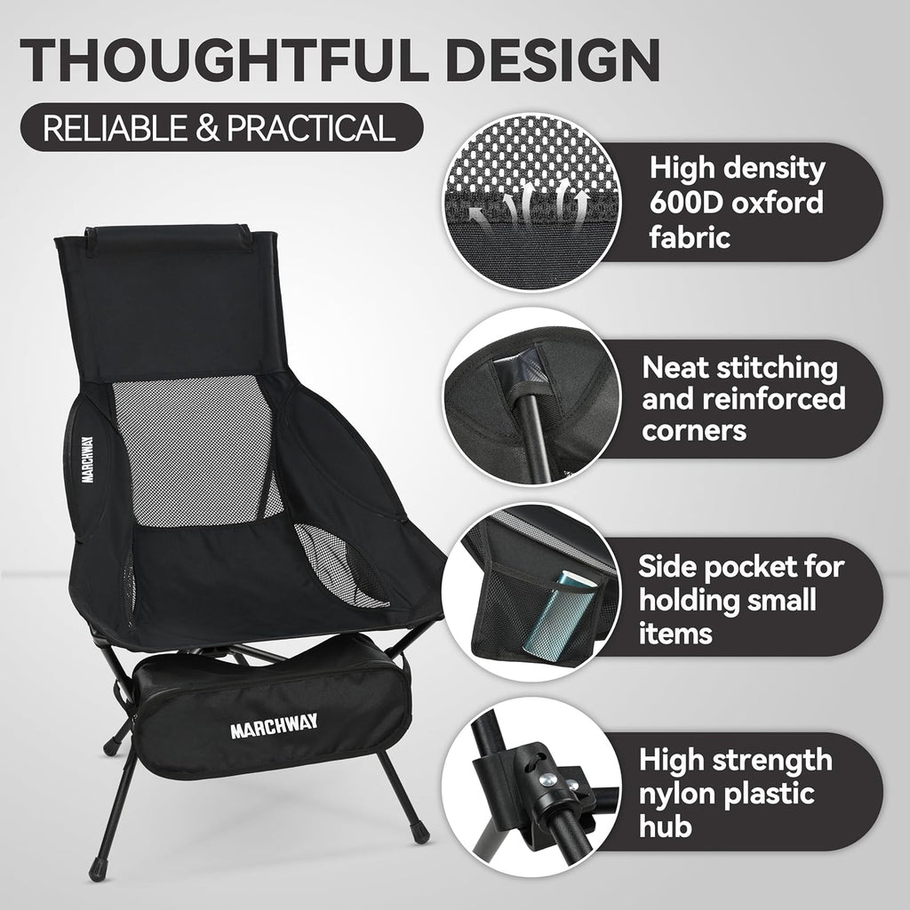MARCHWAY Lightweight Folding High Back Camping Chair with Head Support, Stable Portable Compact for Outdoor Camp, Travel, Beach, Picnic, Festival, Hiking, Backpacking (Highback Black)