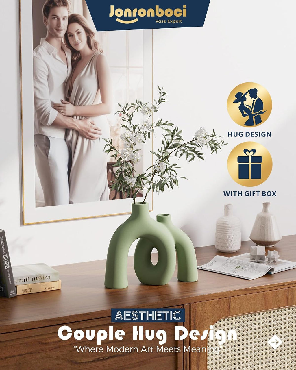 Hug Donut Decorative Vase Set - Sage Green Modern Nordic Boho Style Vases Home Decor,Matte Ceramic Decorations for Living Room Shelf, Bookshelf Mantle Entryway Table or Console Décor(Green)