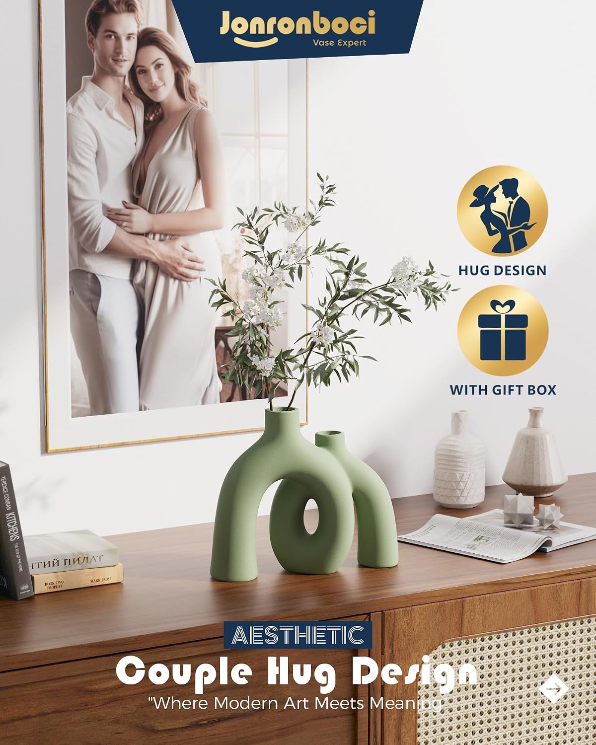 Hug Donut Decorative Vase Set - Sage Green Modern Nordic Boho Style Vases Home Decor,Matte Ceramic Decorations for Living Room Shelf, Bookshelf Mantle Entryway Table or Console Décor(Green)