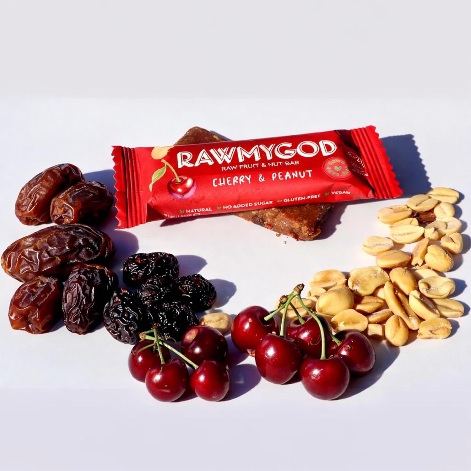 RAWMYGOD Fruit and Nut Bars, Gluten Free, Vegan, No Added Sugar (16 bars, Cherry & Peanut)
