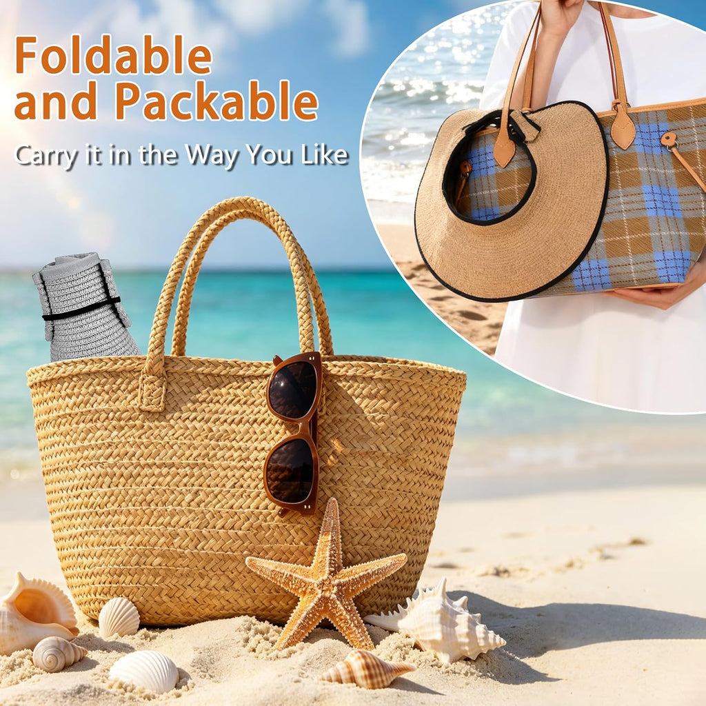Sun Hats Visor for Women, UV UPF Straw Beach Hat Foldable Wide Brim Ponytail Summer Hats Packable Travel