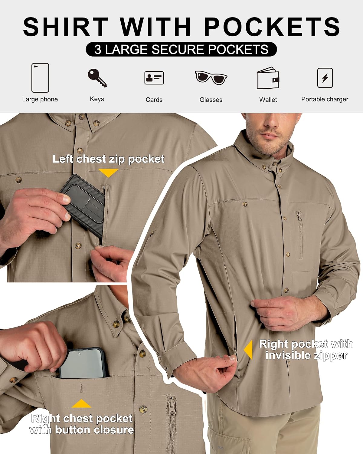 33,000ft Men's UPF 50+ UV Protection Long Sleeve Hiking Shirts Breathable Quick Dry Fishing Shirts for Safari, Outdoor