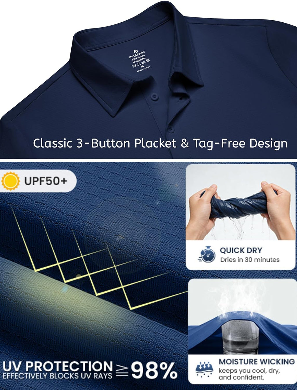 PINSPARK Men's Golf Polo Shirts UPF 50+ Moisture Wicking Collared Shirts