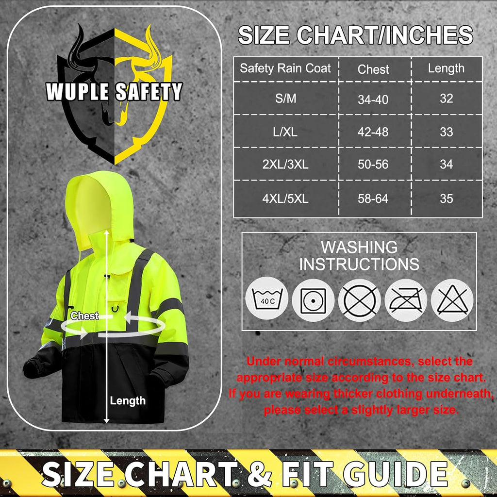 Safety Rain Jacket for Men Waterproof，Class 3 Hi Vis Rain Gear with Collapsible Hood， Breathable Rain Suits with Inner Mesh Lining and pocket，Reflective Waterproof Pants S/M