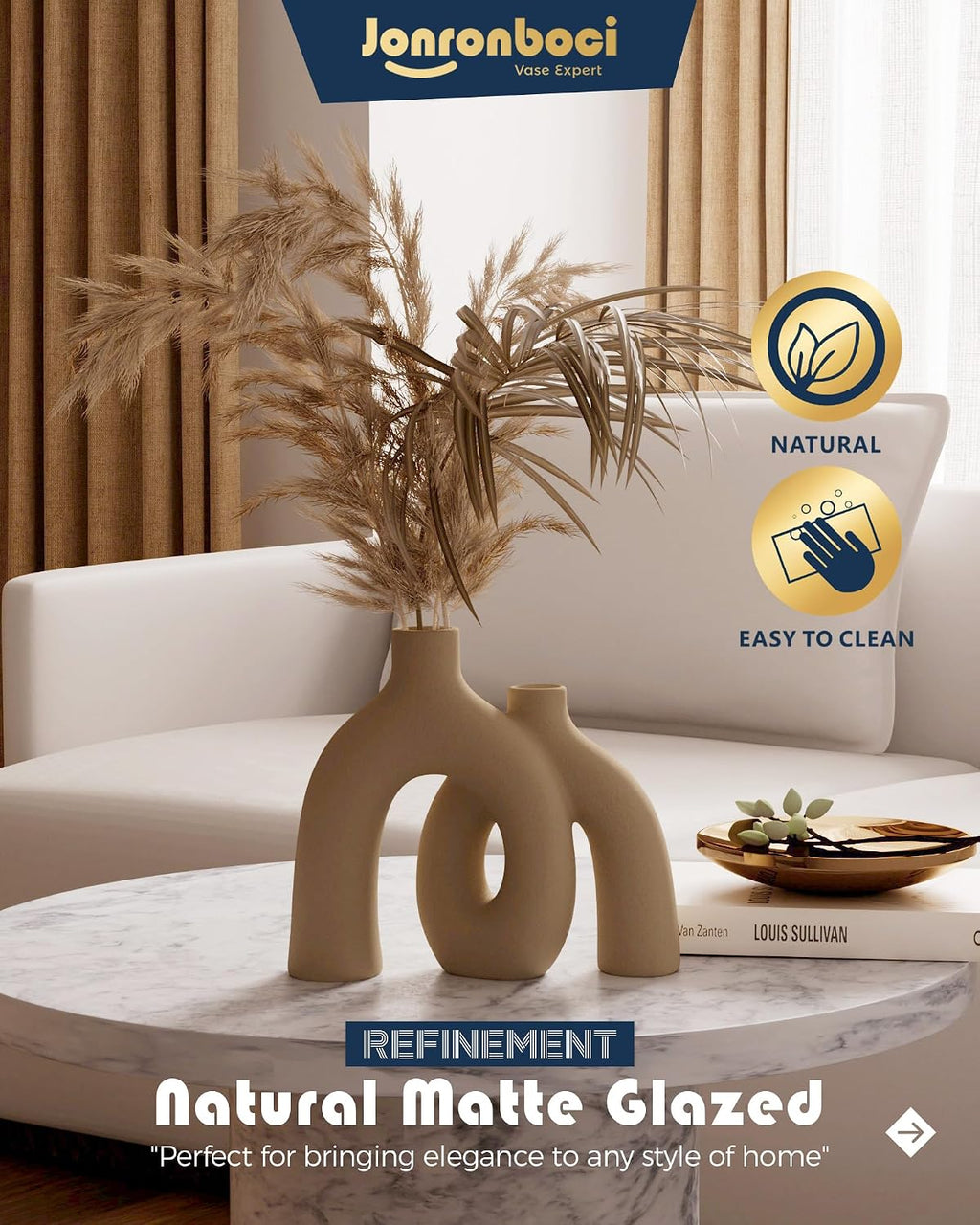 Hug Donut Decorative Vase Set - Tan Modern Rustic Farmhouse Style Vases Home Decor,Matte Ceramic Decorations for Living Room Shelf, Bookshelf Mantle Entryway Table Centerpiece or Console Décor(Brown)