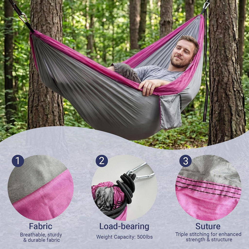 Camping Hammocks, Portable Parachute with Tree Straps (Pink & Gray)