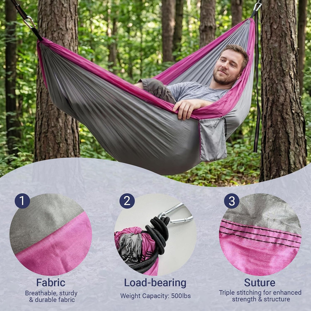 Camping Hammocks, Portable Parachute with Tree Straps (Pink & Gray)