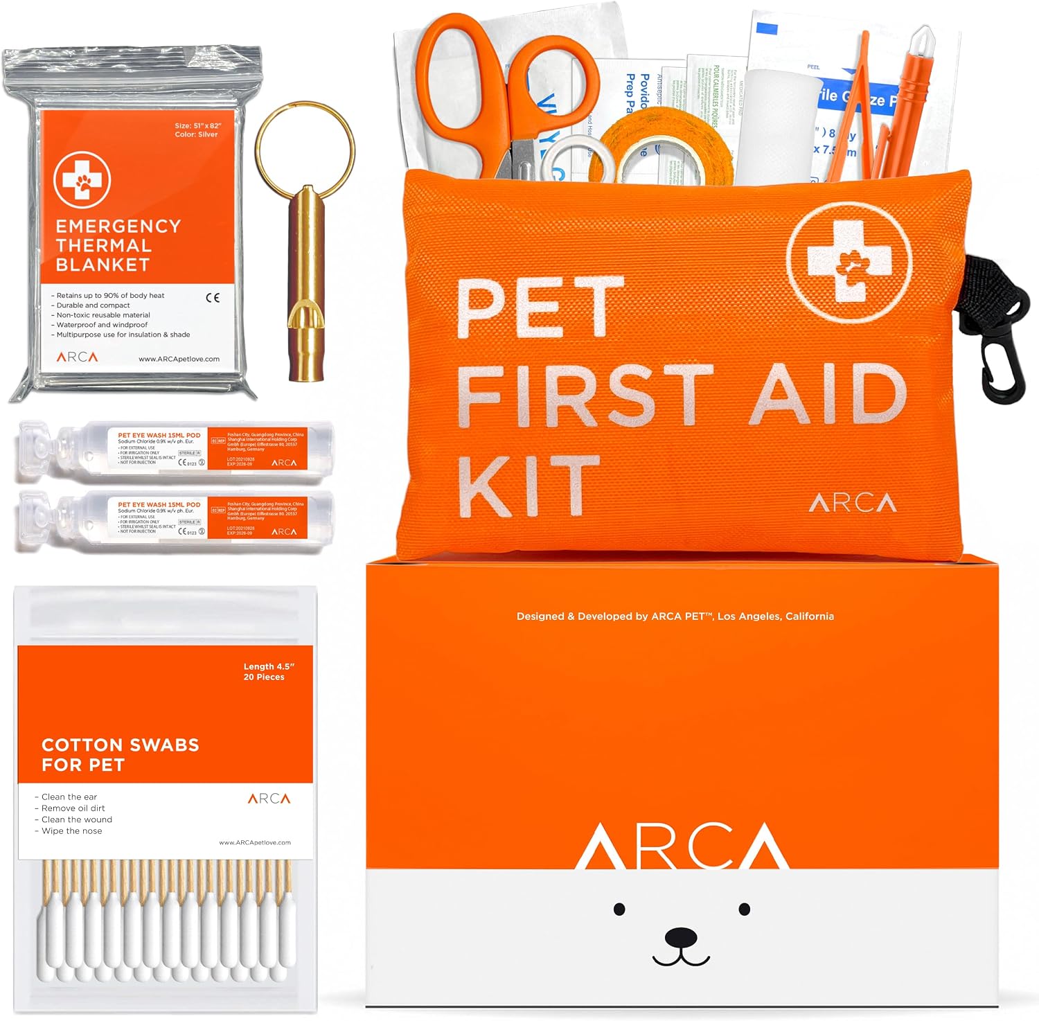 ARCA PET Cat & Dog First Aid Kit for Car - Pet Emergency Kit for Home Office Travel – Dog Camping Essentials with Digital Thermometer, Muzzle & Mini First Aid Pouch