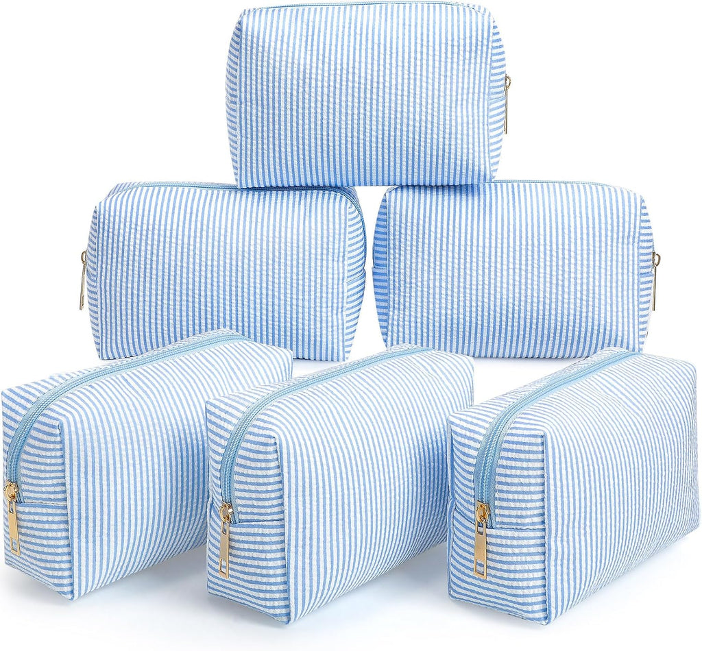 Sanwuta 6 Pcs Seersucker Cosmetic Bags Bulk, Striped Zippered,Light Blue