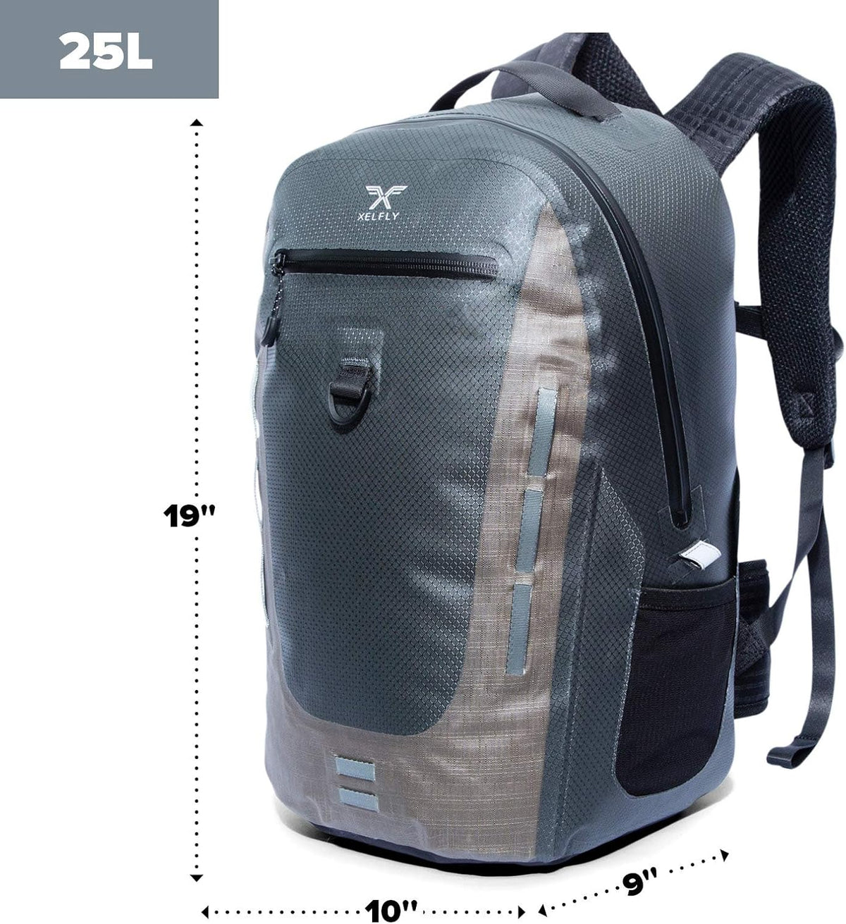 Xelfly Submersipack Waterproof Backpack - Submersible, Inflatable, Floating TPU Coated Durable Nylon Dry Bag with Airtight Zipper for Kayak, Fishing, Boating, Hiking, Paddle Board (Gray Stone, 25L)
