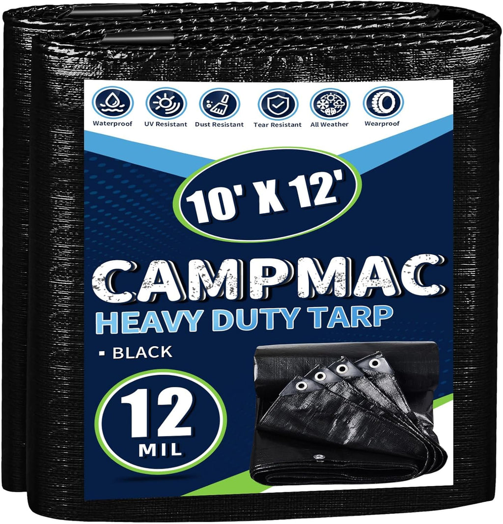 Black Tarps Heavy Duty Waterproof 10x12, 12 Mil Thick, High Durability, Rip and Tear Resistant with Metal Grommets Every 20 Inches