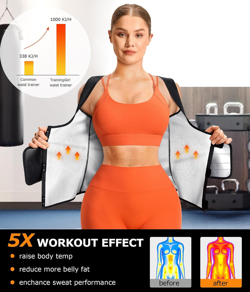 TrainingGirl Sauna Sweat Suit for Women Waist Trainer Workout Faja Weight Vest Body Shaper Shirt Band
