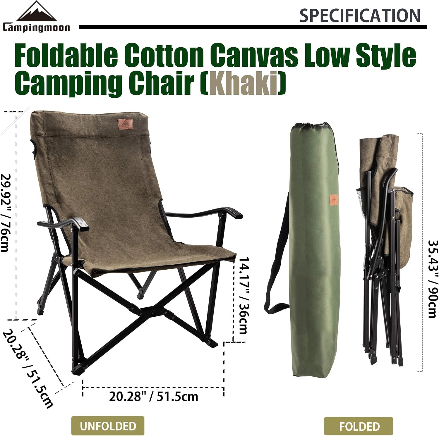 CAMPINGMOON Foldable Cotton Canvas Campfire Bonfire Open Fire Pits Camping Chair Low Style Chair Khaki F-1003C-K