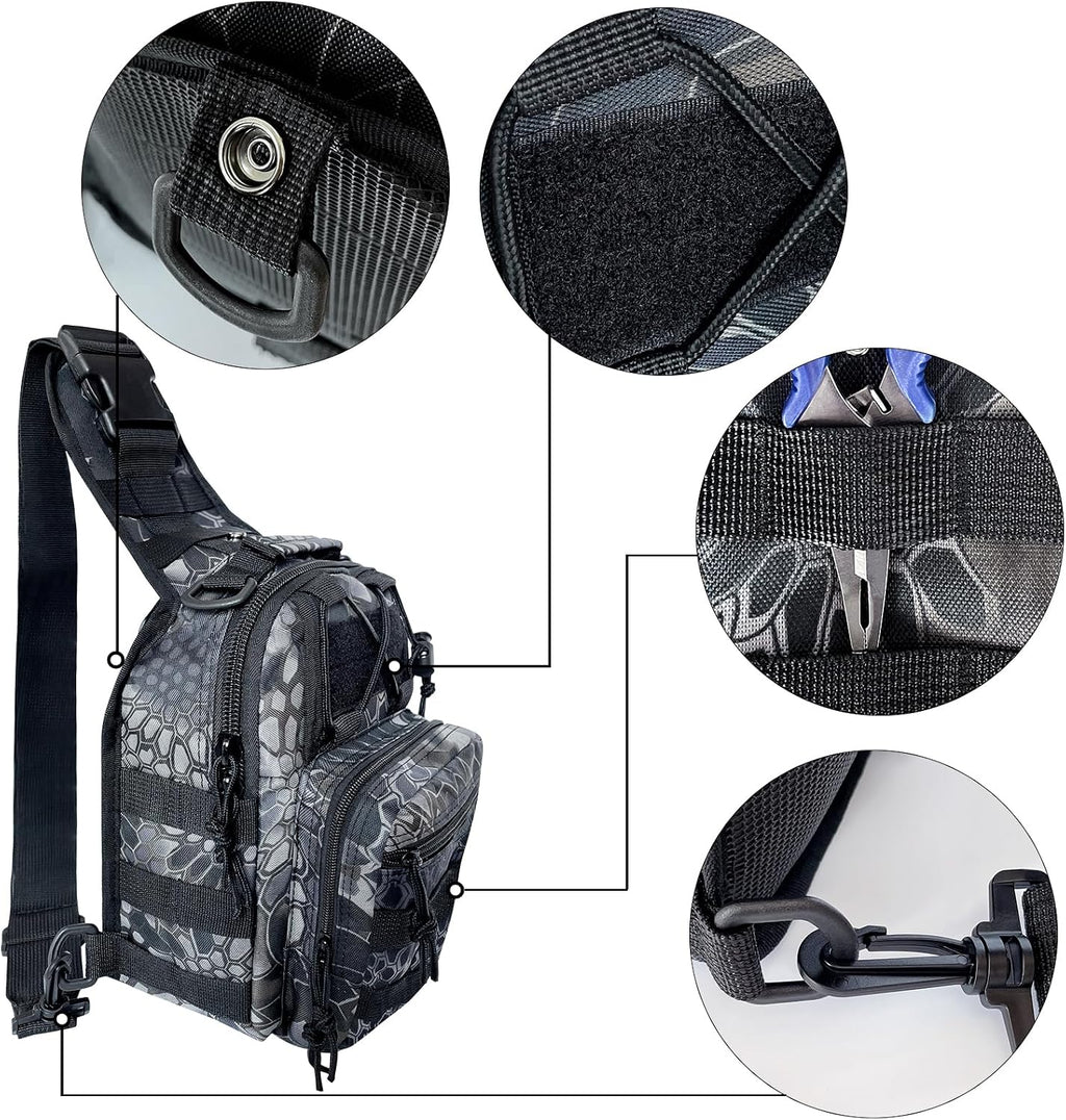 Kynzo Fishing Sling Backpack with Rod Holder, Water-Resistant Fishing Tackle Bag, Durable Shoulder Crossbody Pack for Freshwater Saltwater Fishing