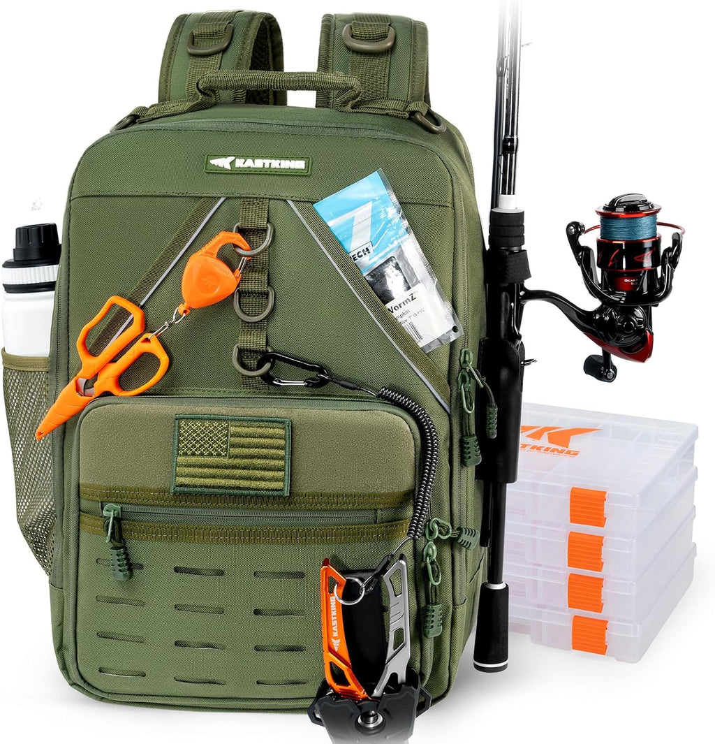 KastKing KarryAll Fishing Backpack with Rod Holder 4 Tackle Boxes, 40/26L