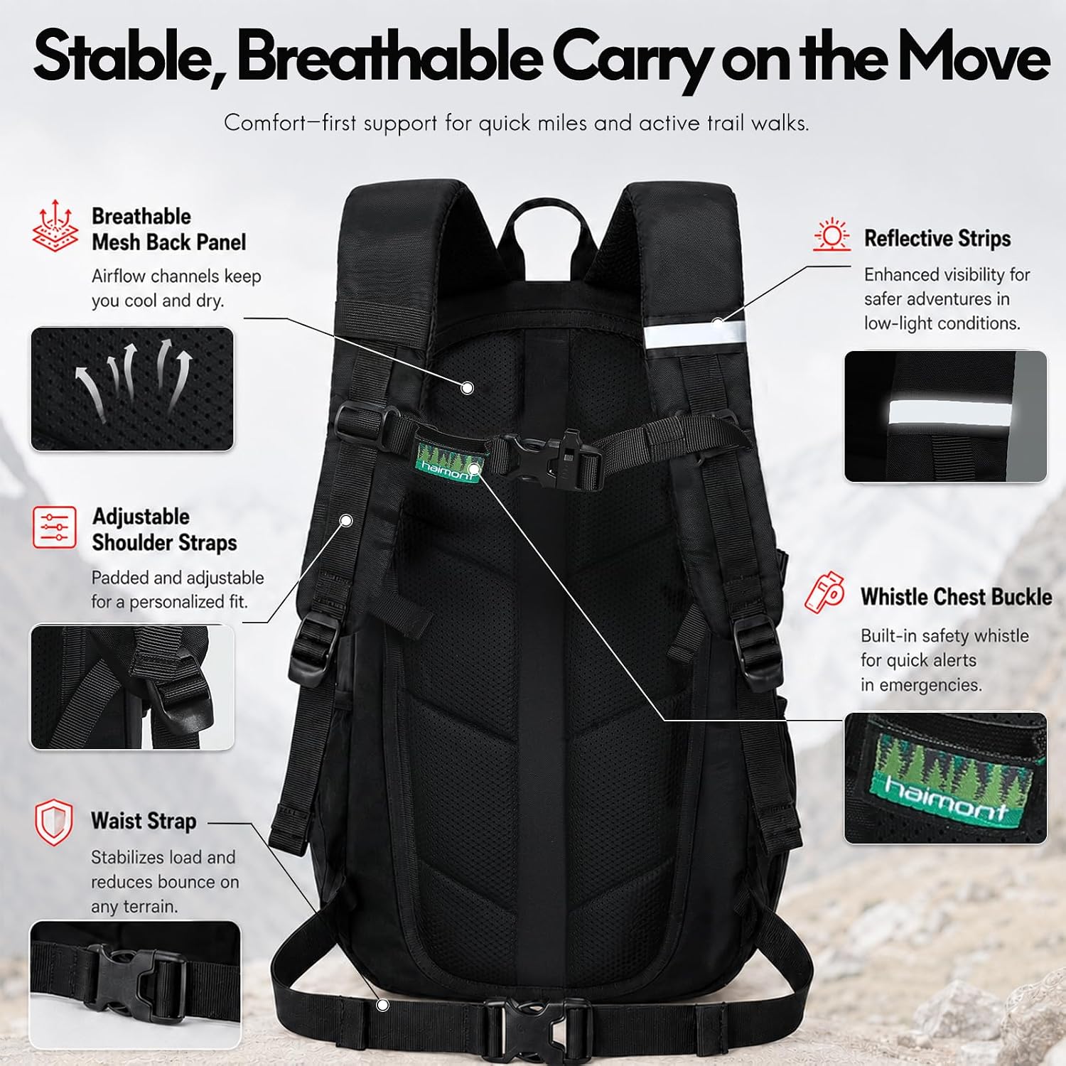 Haimont 15L Lightweight Hiking Daypack, Black