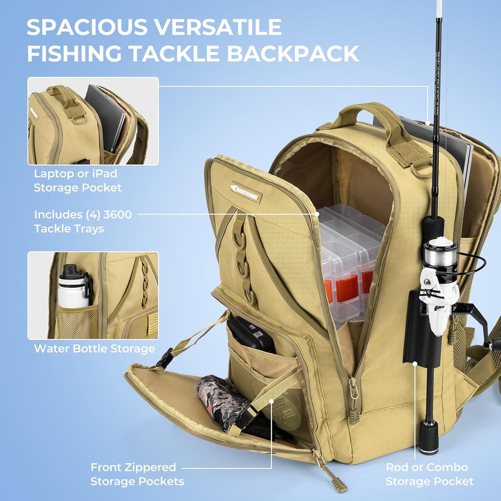 KastKing KarryAll Fishing Backpack with Rod Holder 4 Tackle Boxes, 40/26L