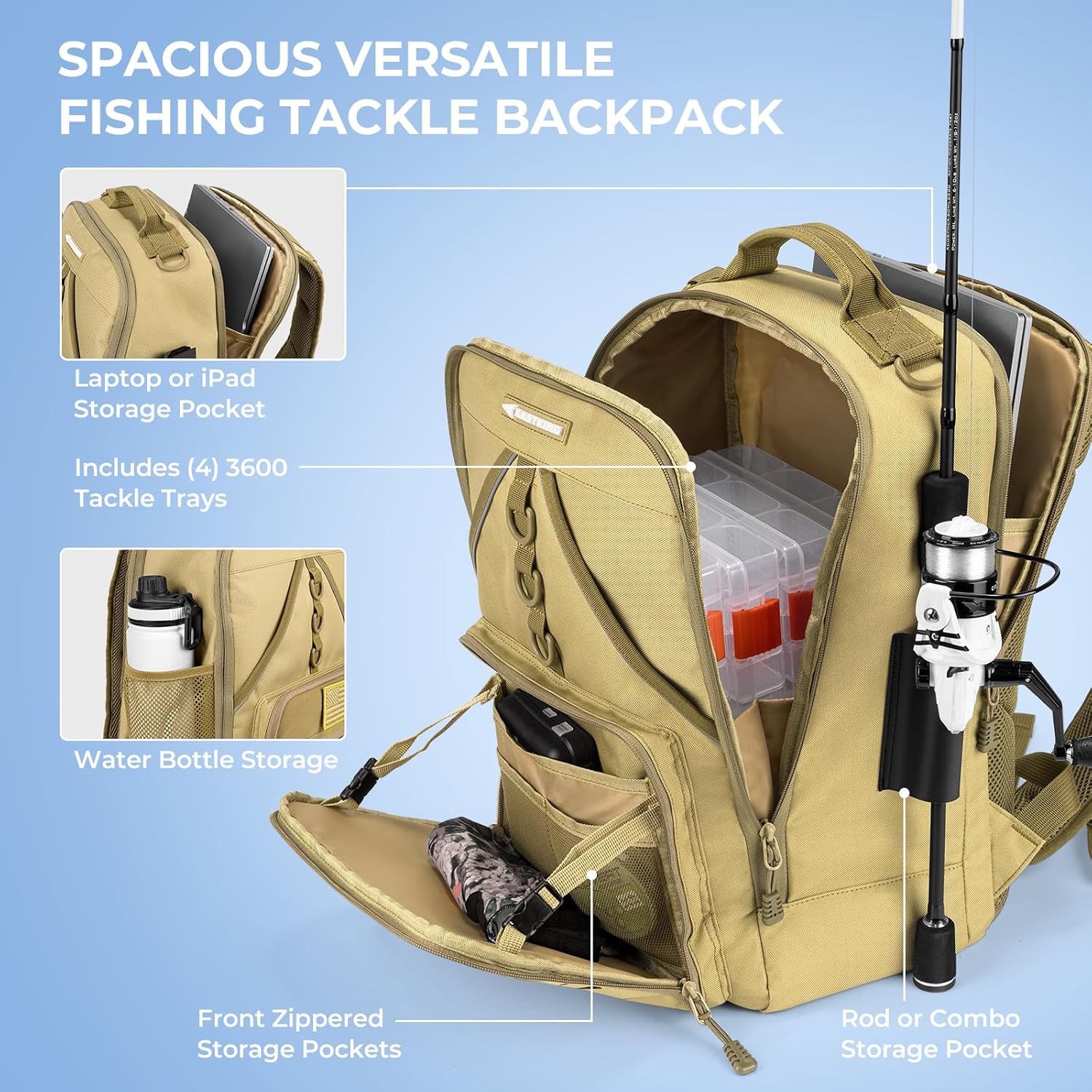 KastKing KarryAll Fishing Backpack with Rod Holder 4 Tackle Boxes, 40/26L