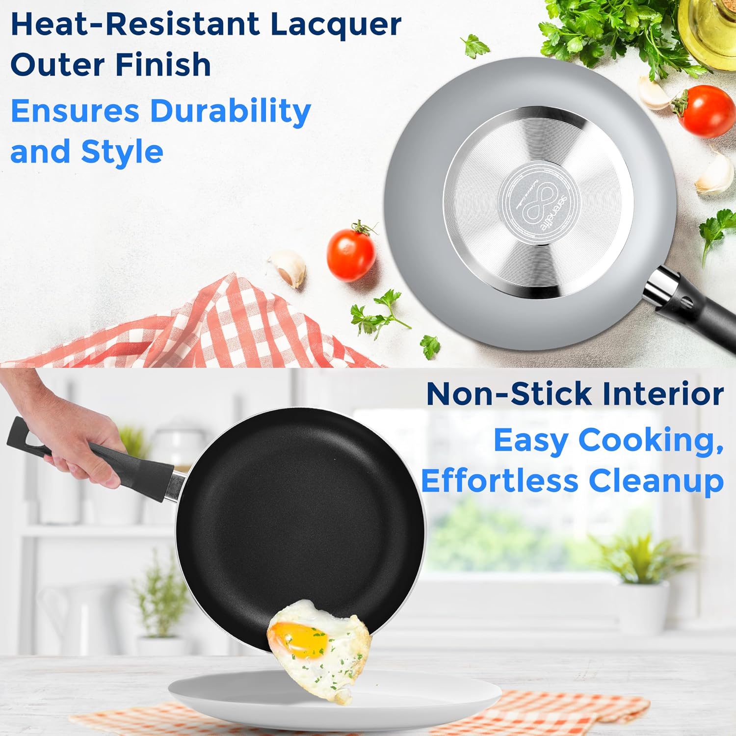 SereneLife Kitchenware Pots and Pans Set, Basic Kitchen Nonstick Cookware Set, Heat Resistant Lacquer (6-Piece Set), One Size, Gray
