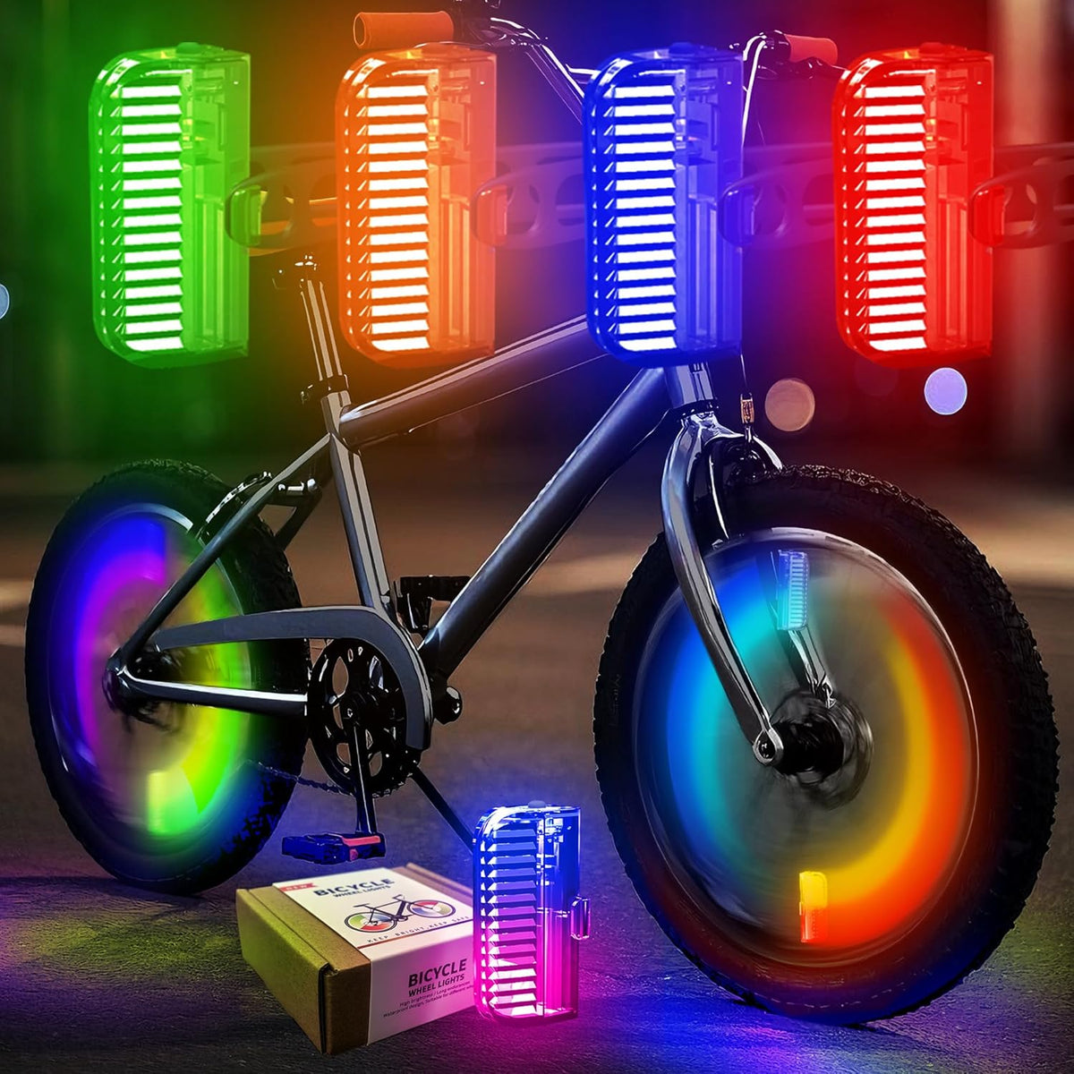 Bike Wheel Lights Rechargeable 4pack, Adults Kids Bike Lights for Wheels 7-Color Variable, Motion Sensor,Fit All Wheel Sizes of Bike,Toddler Balance Bicycle, E-Bike,Waterproof