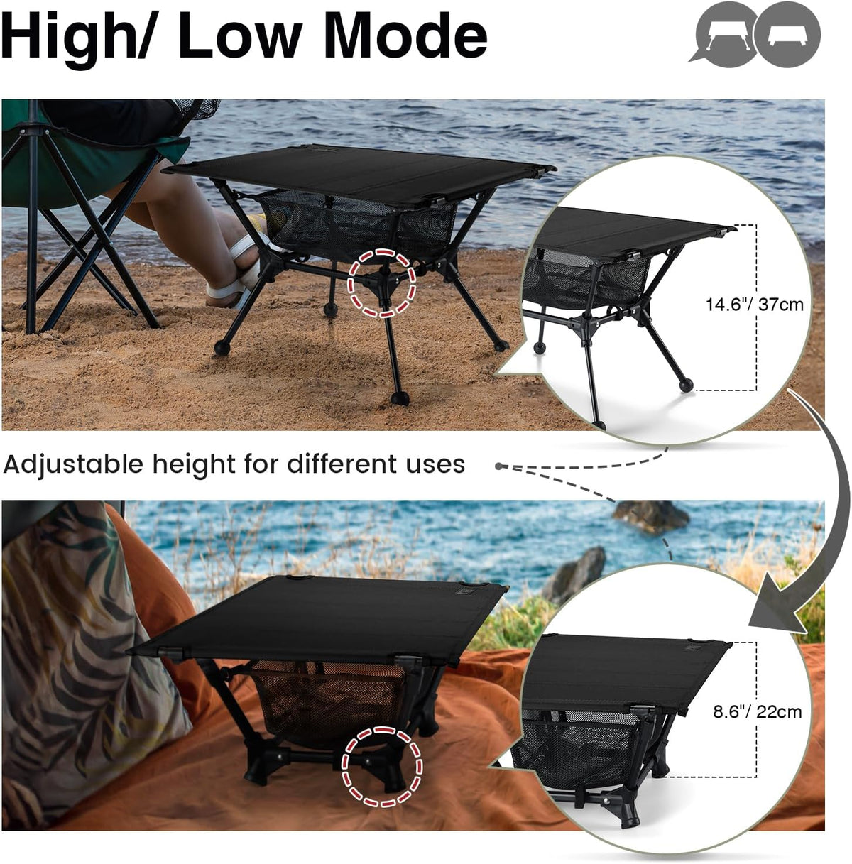 ONETIGRIS Dipper Camping Table, Lightweight Portable Folding Table with Mesh Storage Net, High/Low Options, Ideal for Camping, Hiking, Tailgating, Beach, Picnic, Travel, Backyard