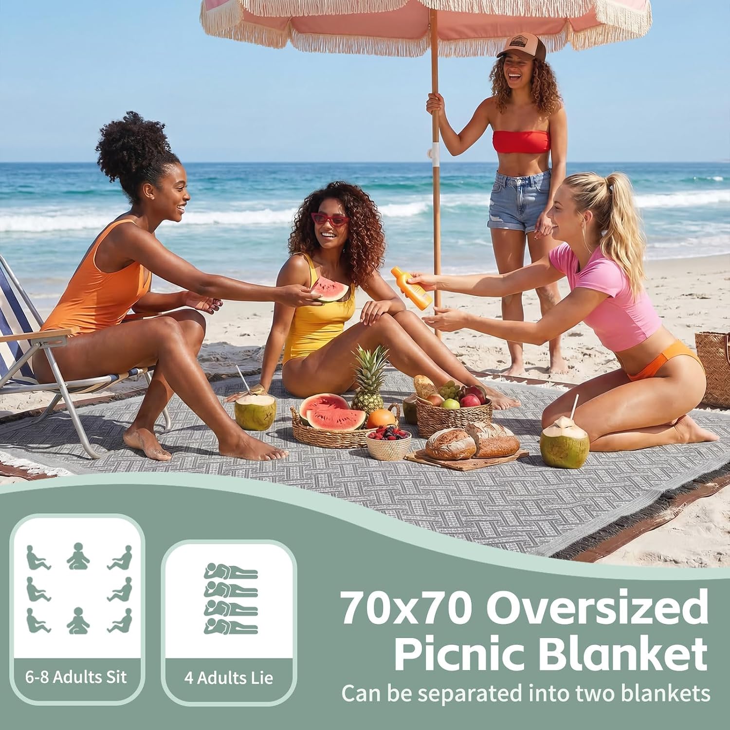 RYCHIC 2 in 1 Extra Large Boho Beach Blanket Towel Picnic Rug Camp Mat Family Beach Trip Essentials Summer Vacation Must Have Travel Accessories Lake Day Necessities Stuff Need Gear Gift Gadget 2026
