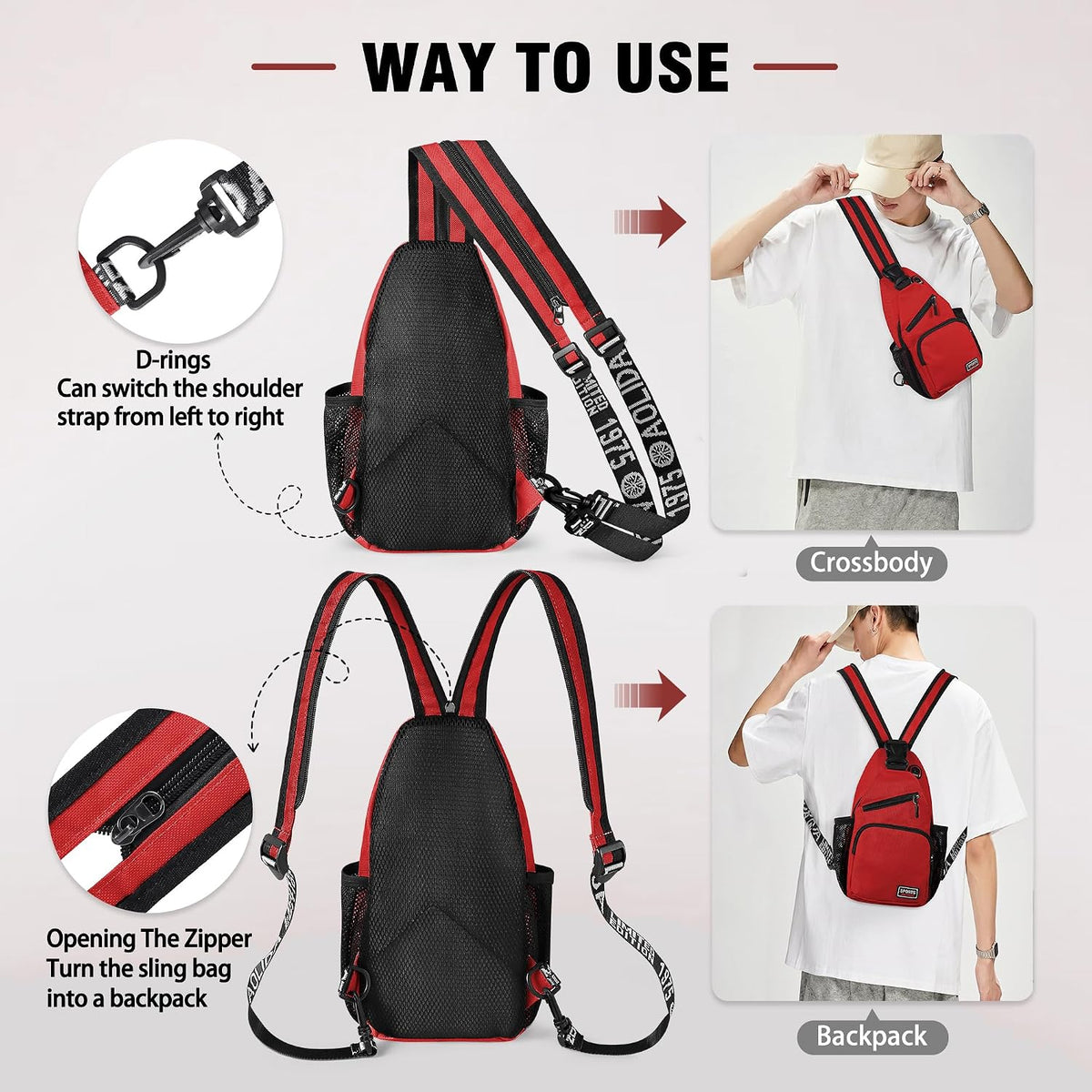 Crossbody Backpack Convertible Sling Bag for Women Men with Adjustable Strap Small Casual Daypack for Hiking Traveling (Small, 11-Inch, Red)