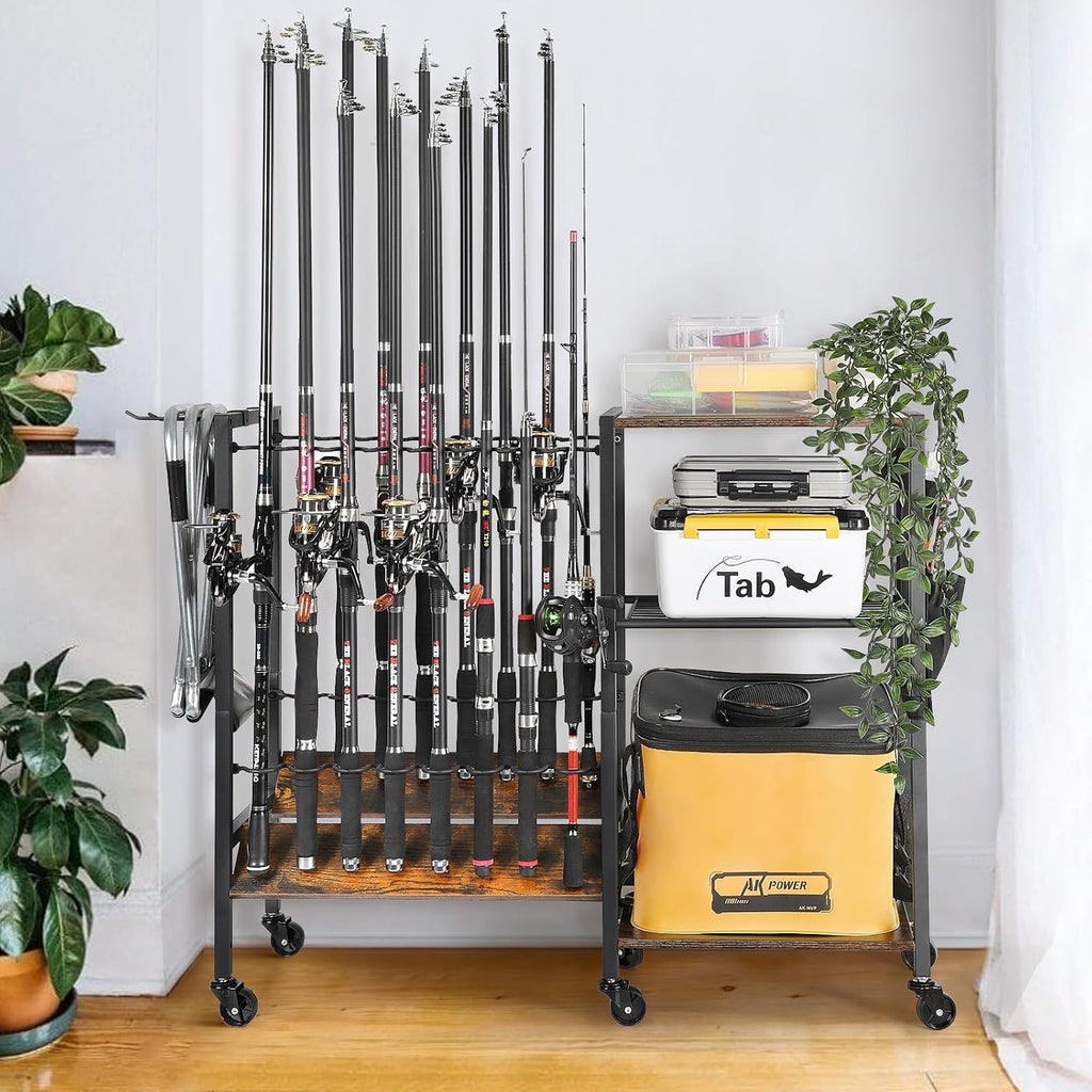 Olakee Fishing Rod Holders, Rolling Fishing Rod Rack for Garage & Boat, Tackle Box & Reel Holder Cart, Easy Assembly Fishing Gear Management System, Ideal Birthday Gift for Men Dad Anglers