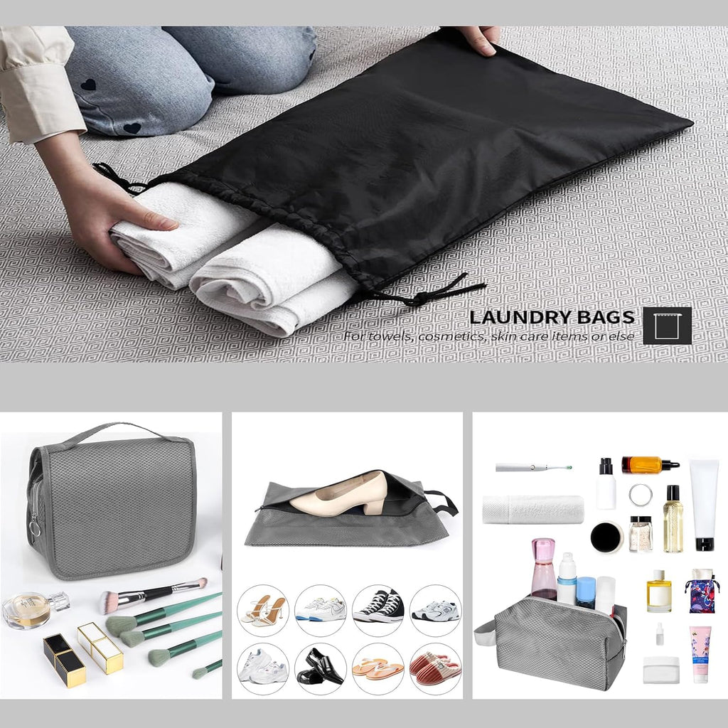 9-Set Packing Cubes with Hanging Bag | 9-Size Combination, Mesh Fabric & Reflective Stripe | Travel Luggage Organizers (Grey)