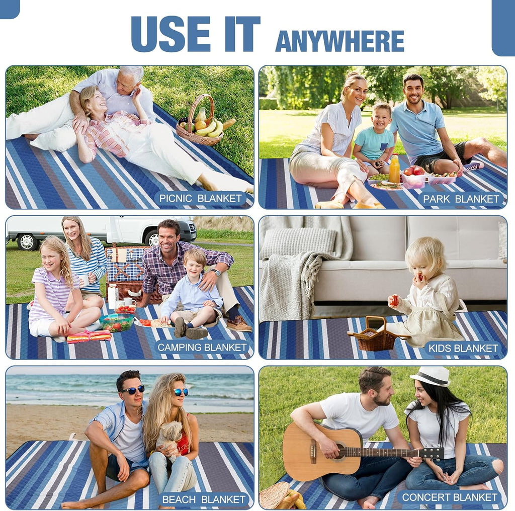 G GOOD GAIN Picnic Blankets Waterproof Outdoor 80"x80" Large, BlueStrip