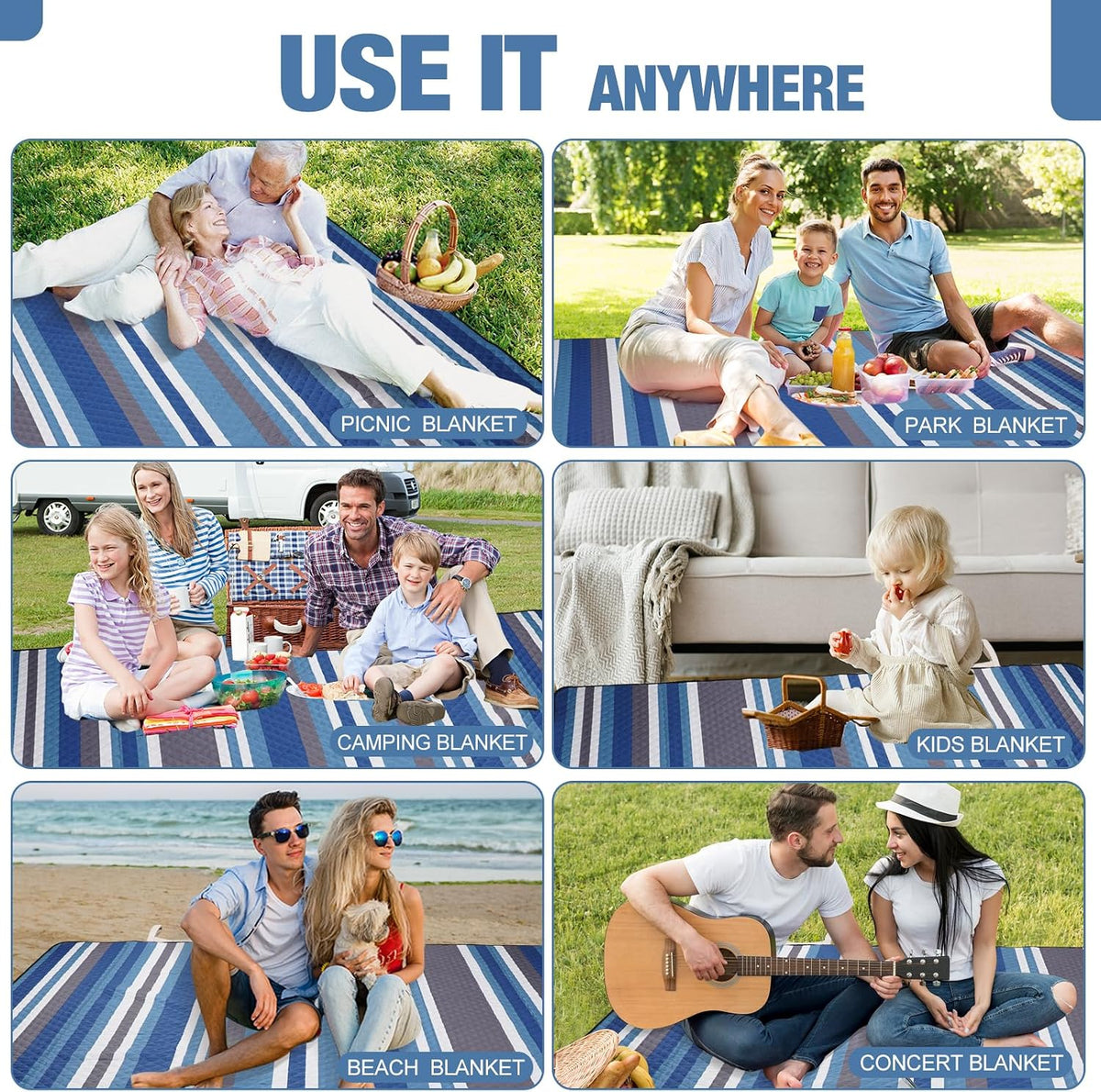 G GOOD GAIN Picnic Blankets Waterproof Outdoor 80"x80" Large, BlueStrip