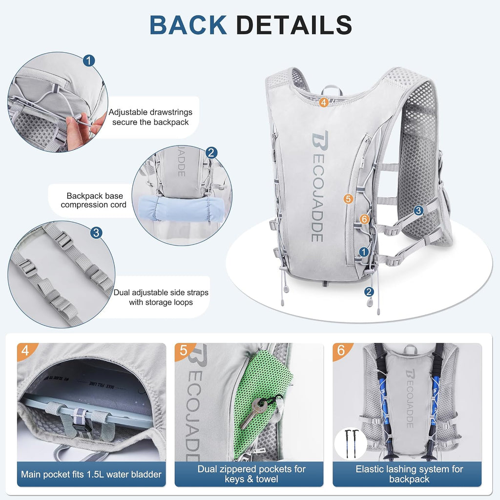 BECOJADDE Running Vest for Women Men, 5L/6L Lightweight Hydration Backpack Running Pack for Marathon, Trail, Cycling, Hiking, Jogging