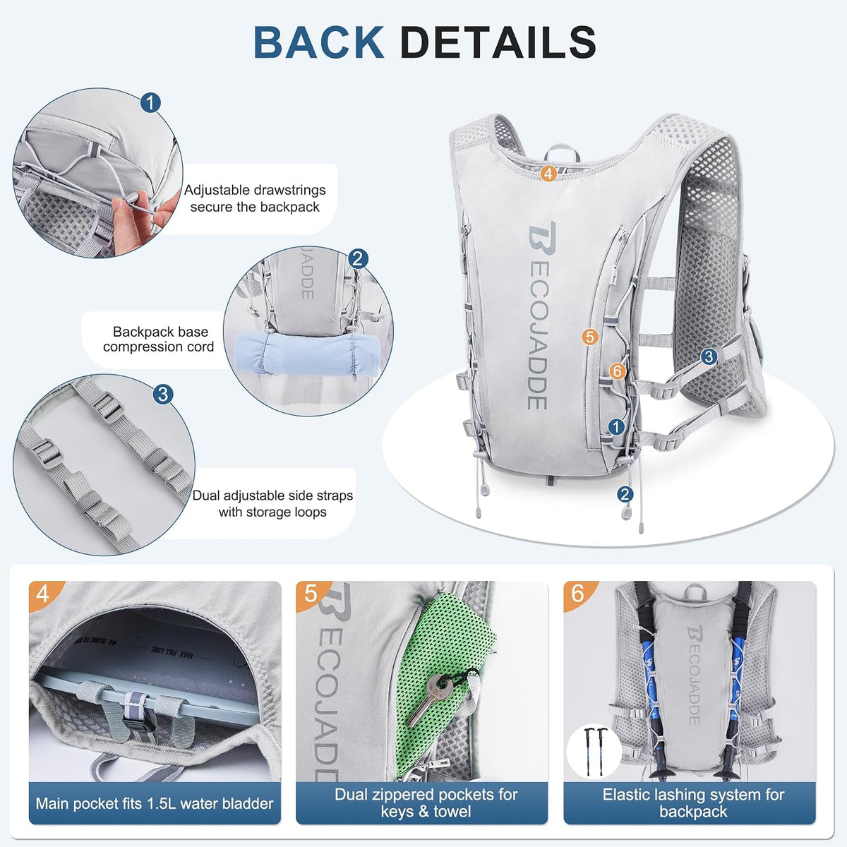 BECOJADDE Running Vest for Women Men, 5L/6L Lightweight Hydration Backpack Running Pack for Marathon, Trail, Cycling, Hiking, Jogging
