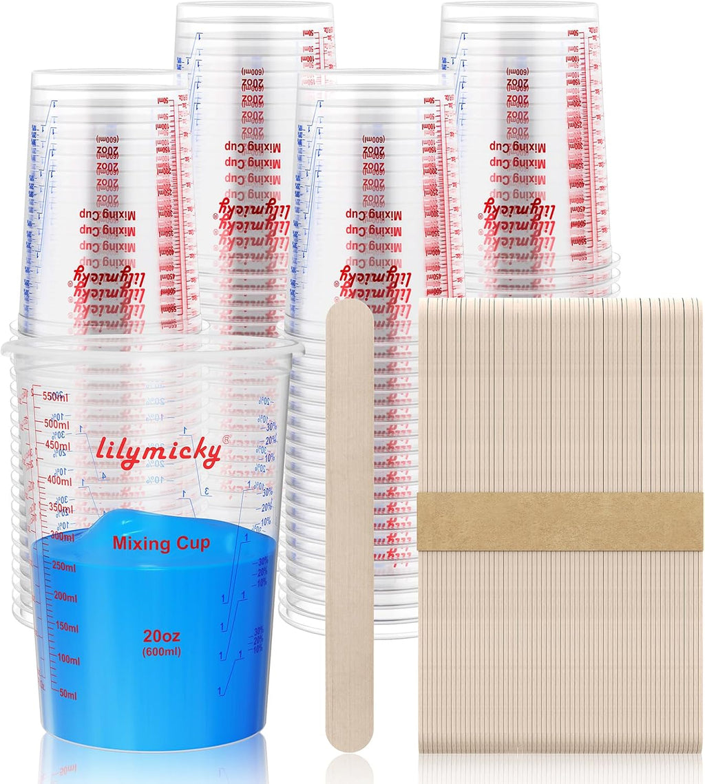 100 Pack Plastic Mixing Cups, 20 oz Measuring Cups with 100 Mixing Sticks
