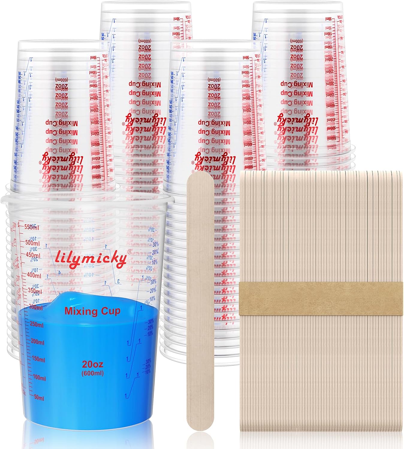 100 Pack Plastic Mixing Cups, 20 oz Measuring Cups with 100 Mixing Sticks