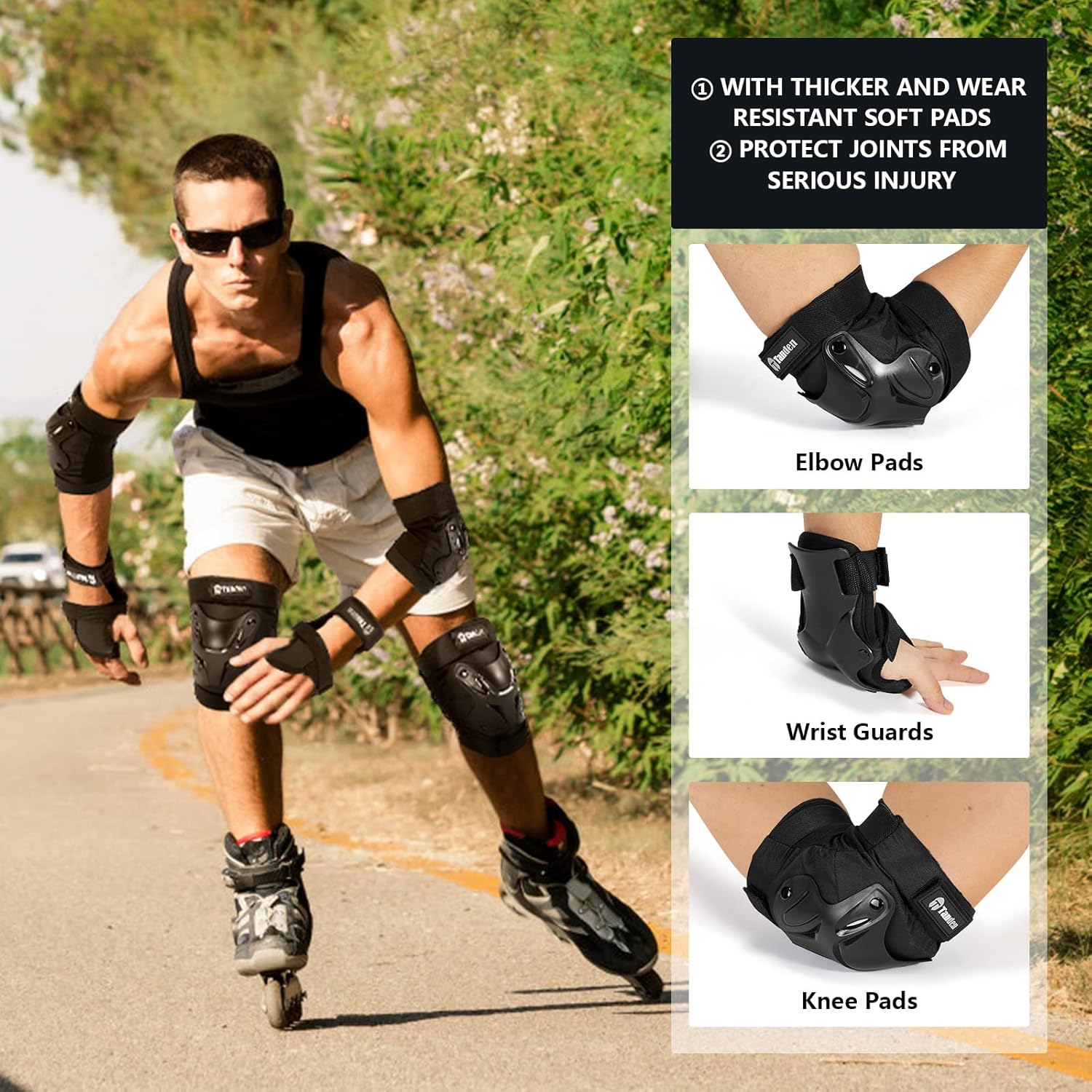 Tanden Skating Protective Gear Knee and Elbow Pads Wrist Guards for Roller Skating Skateboarding, Skate Pads Adult Knee Pads