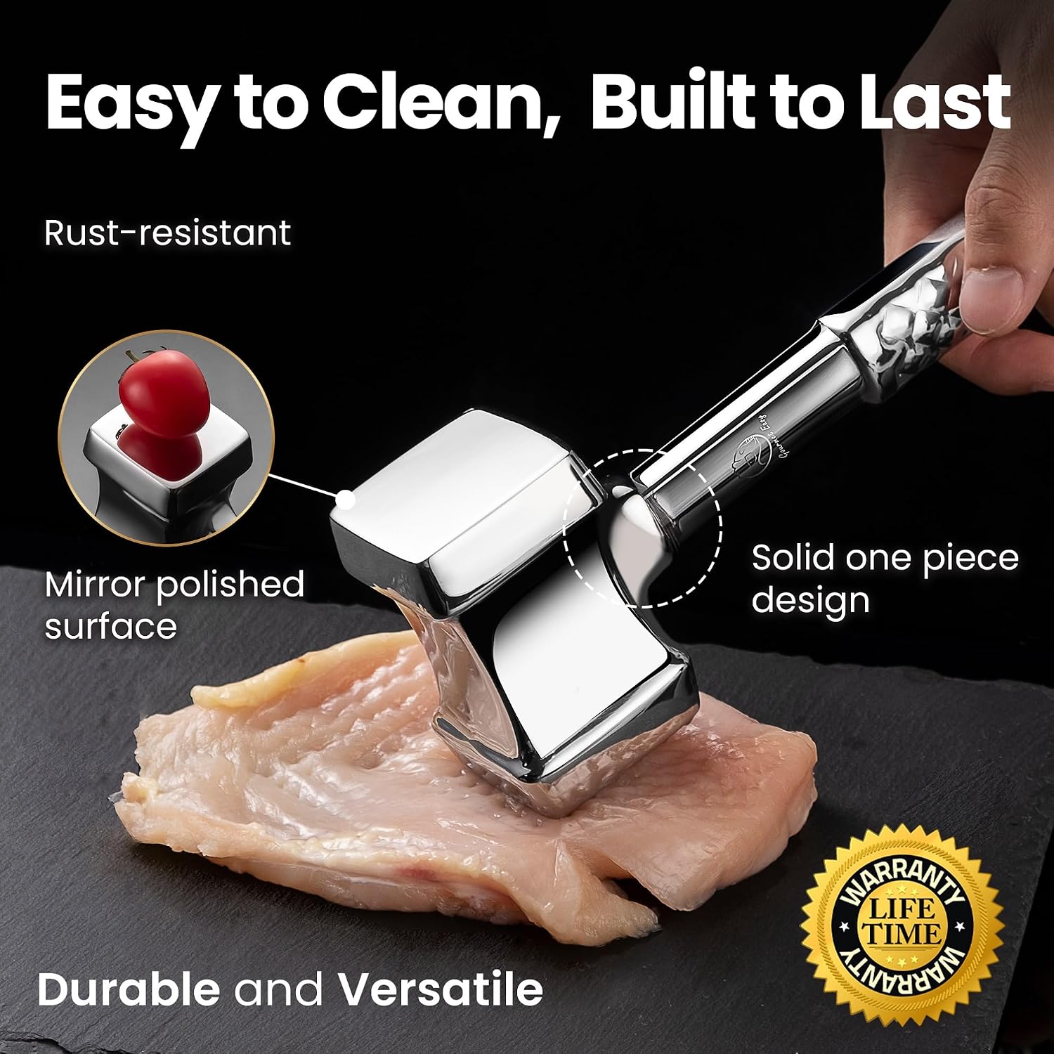 Gourmet Easy Classic Meat Tenderizer Tool, Non-Slip Grip Lifetime Replace