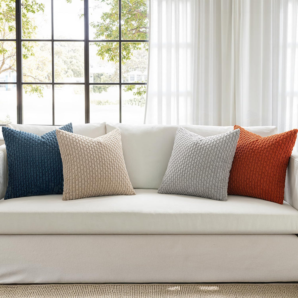 MIULEE Blue Orange Decorative Throw Pillow Covers for Couch Living Room 18x18 Inch Soft Pillow Cases Set of 4 Boho Striped Corduroy Farmhouse Cushion Covers Home Decor for Sofa Bed