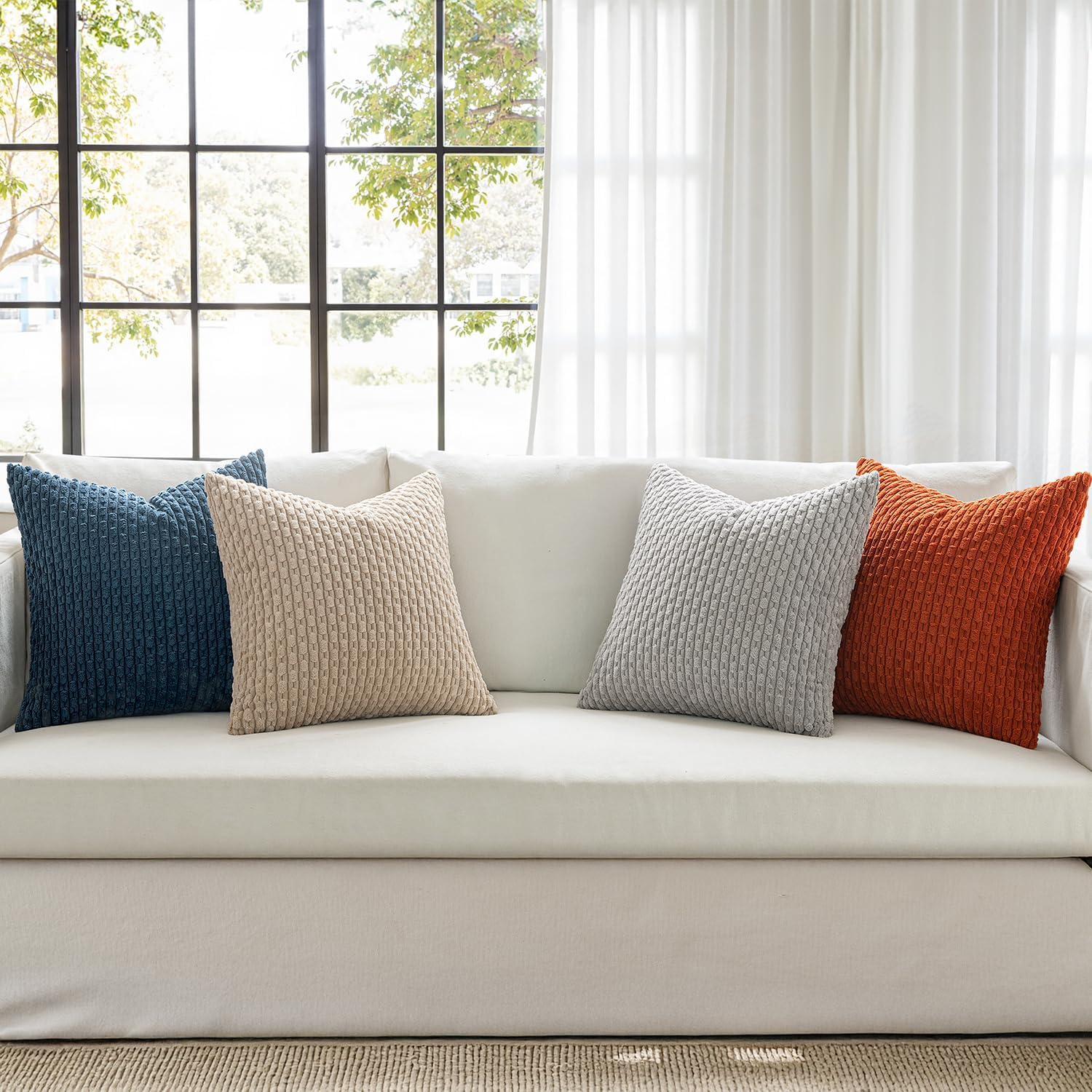 MIULEE Blue Orange Decorative Throw Pillow Covers for Couch Living Room 18x18 Inch Soft Pillow Cases Set of 4 Boho Striped Corduroy Farmhouse Cushion Covers Home Decor for Sofa Bed
