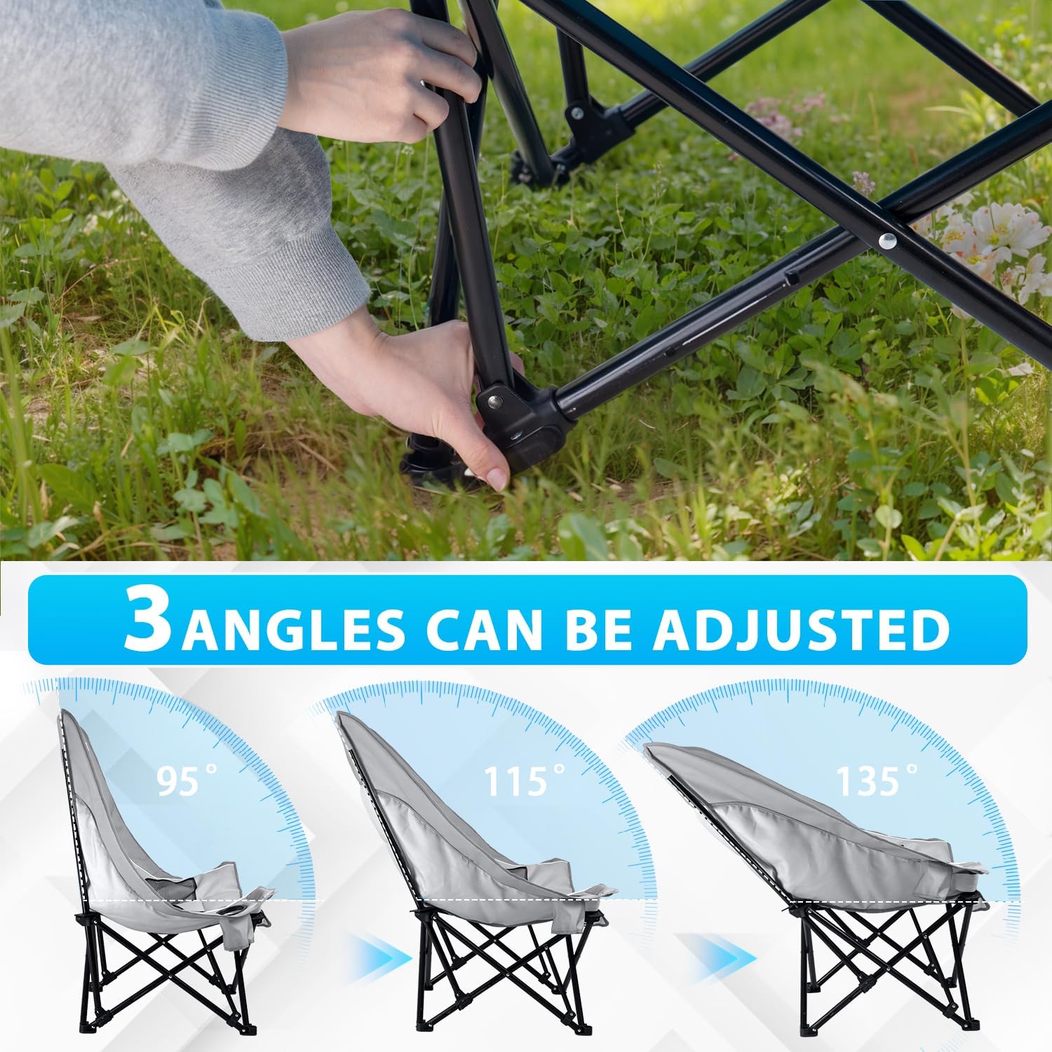 PRETZI Outdoor Oversized Camping Chair, Heavy Duty Support 500 LBS for Adults, Portable Folding Wide Lawn Chair with Headrest Support and Cup Holder, Low Camping Chair for Fishing, Garden, Grey