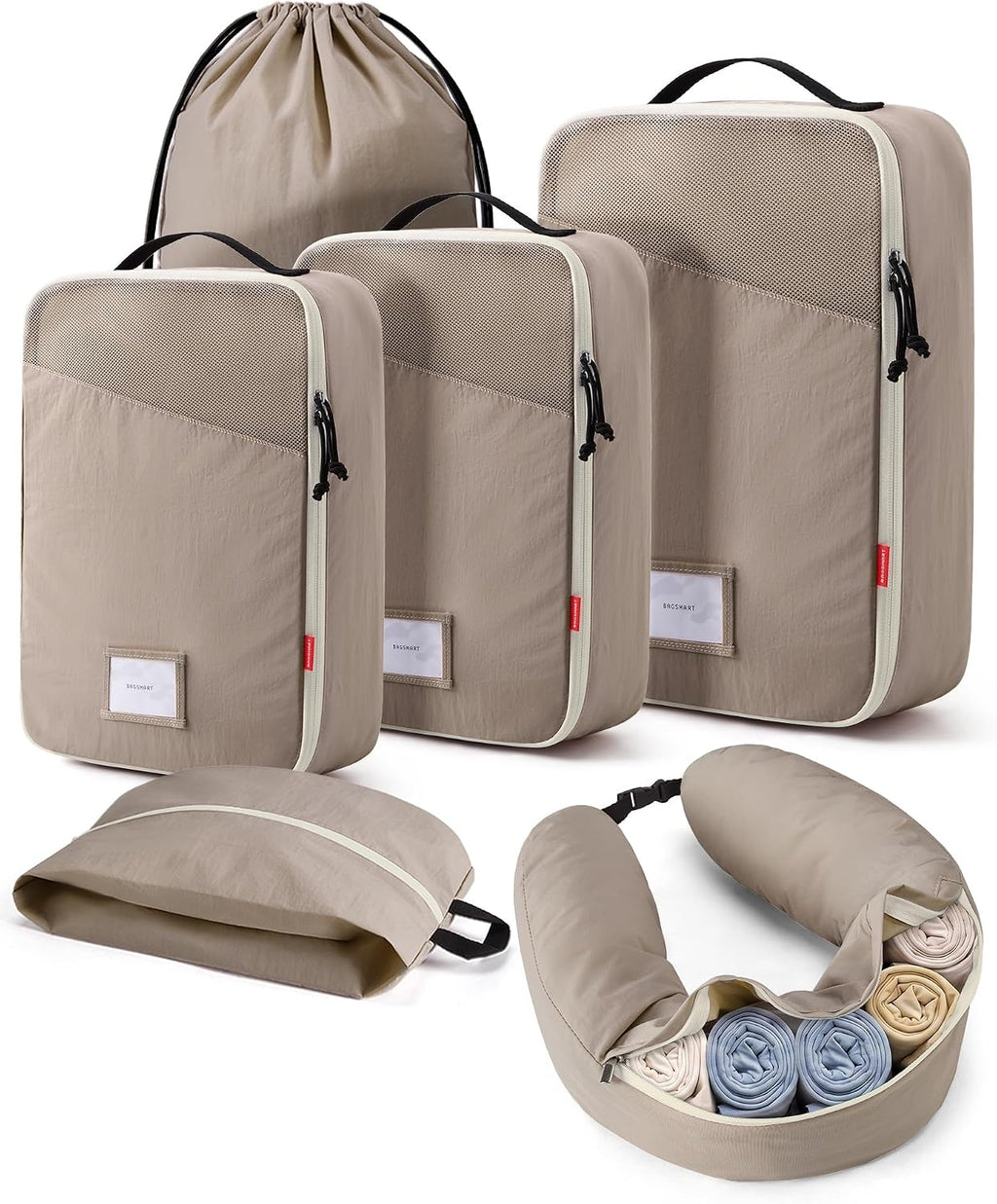 BAGSMART 6 Set Packing Cubes for Travel with Fillable Neck Pillow, Shoe Bag